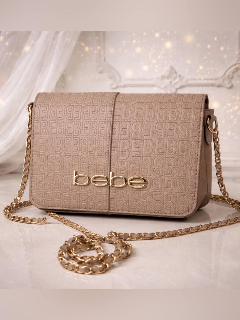 Bebe Beige Crossbody Bag with Gold Chain